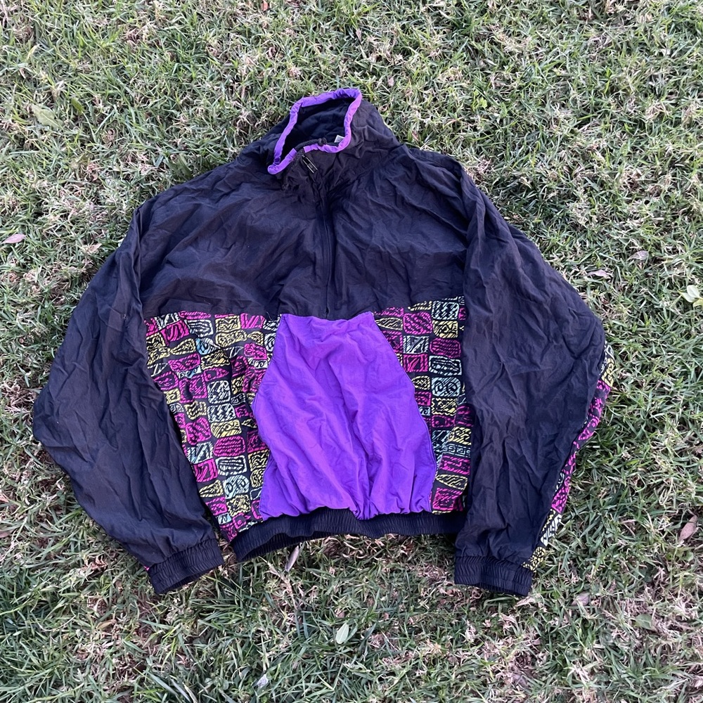 80s 90s Multicolored Neon Windbreaker Ski Jacket Pull OverTurtle Neck Medium